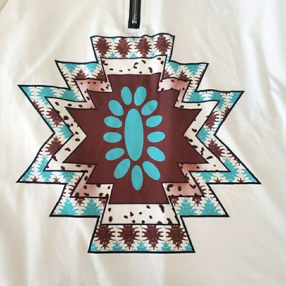 Southwestern Boho Tunic Turquoise Aztec Horse Equestrian V-Neck Long Sleeve 2XL - Picture 4 of 8